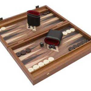 Manopoulos Club Kompakt Backgammon-set i valnöt, svart och ek med deluxe tärningsbägare i vinyl
