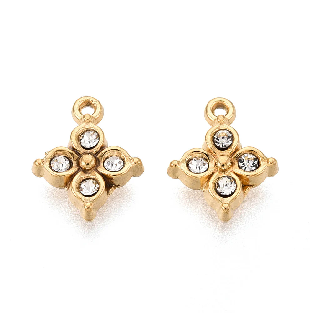 Vandfast Blomst Vedhæng Med Rhinsten – 18K Forgyldt Stål (10.5x8.5mm, 2 stk)